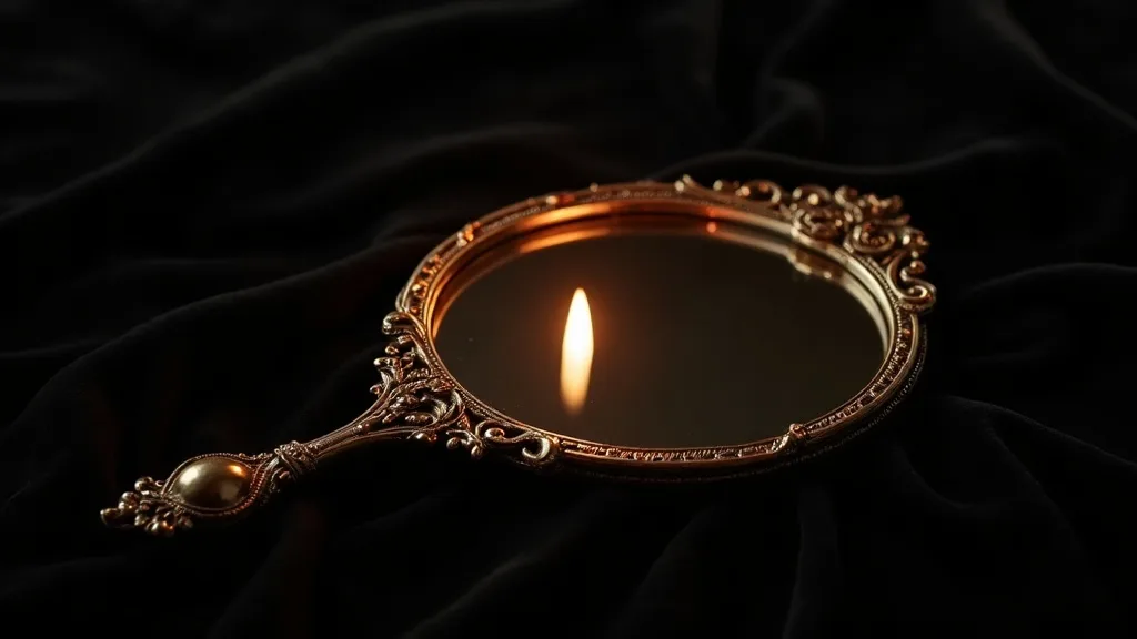 miroir a main ornemente sur velours noir refletant une flamme de bougie a Rennes
